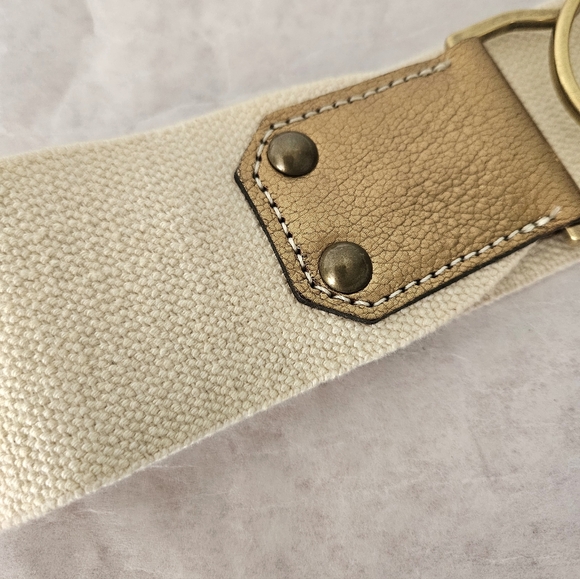 J. Crew Belt Neutral Canvas Wide Belt Gold Leather - Picture 3 of 4